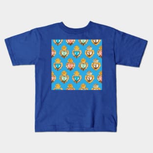 Mexican milagrito pastel colors blue sacred heart golden oaxaca folk art elegant seamless pattern Kids T-Shirt